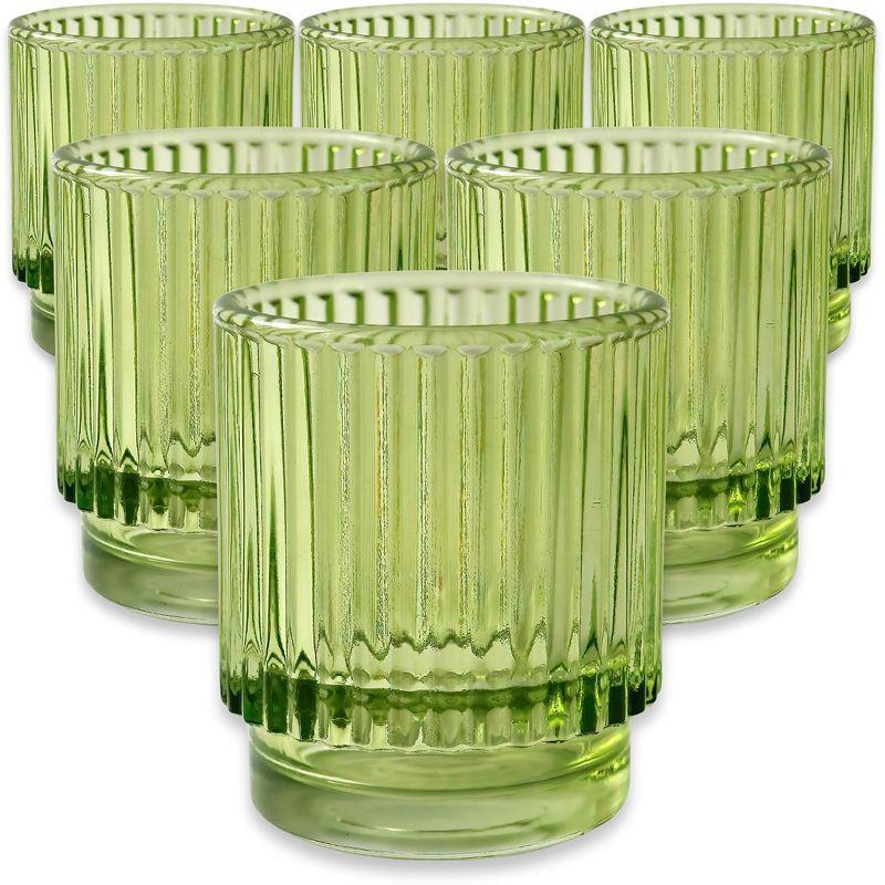 Set of 6 Green Ribbed Glass Votive Candle Holders