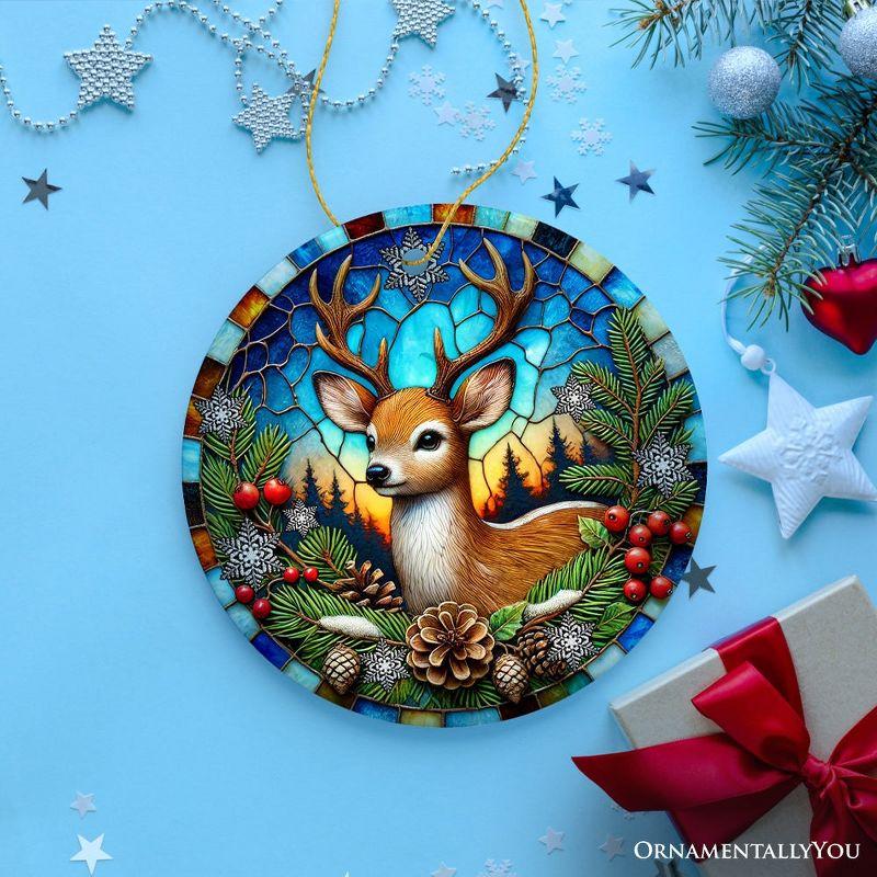 Majestic Winter Deer in Holly Branches Ornament, Enchanting Holiday Wonderland for Christmas Tree Decor, Version 1