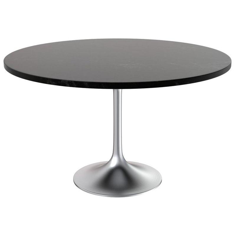 LeisureMod Verve Mid-Century Modern 48" Round Table with MDF Top and Brushed Chrome Pedestal Base for Dining Room and Kitchen in Black