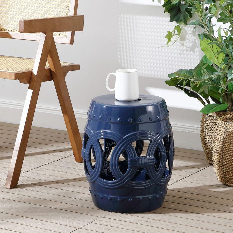 Lucky Coins 16" Eastern-Inspired Ceramic Drum Garden Stool, Navy - JONATHAN Y