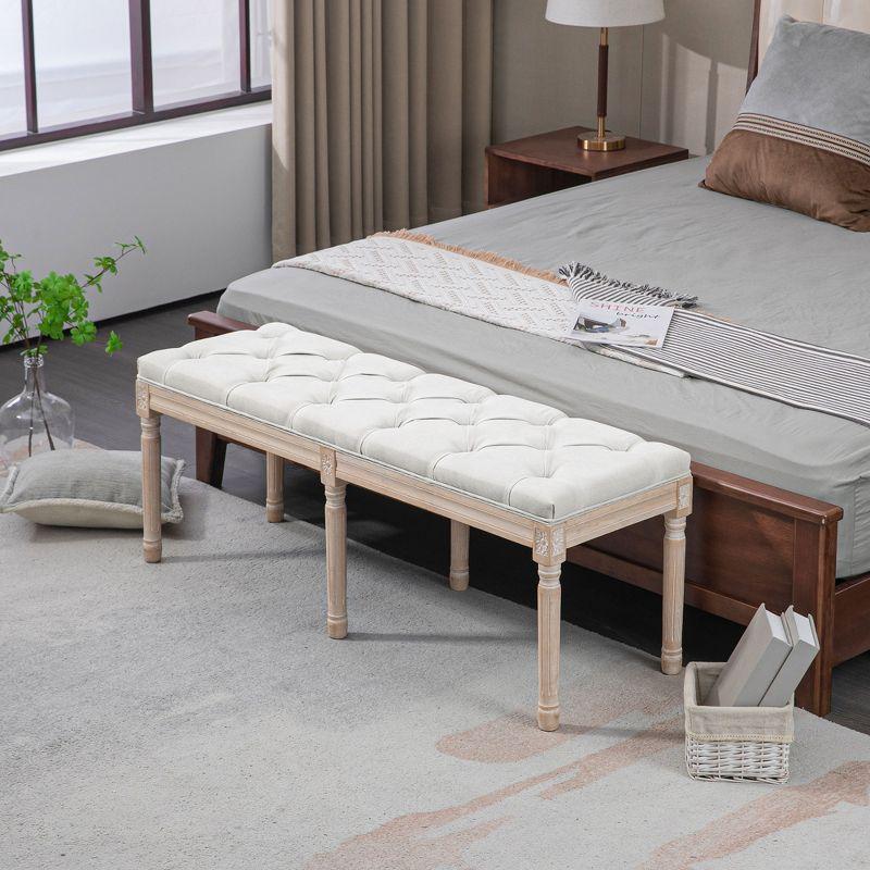 Cream Linen Upholstered Tufted Bedroom Bench with Wood Legs