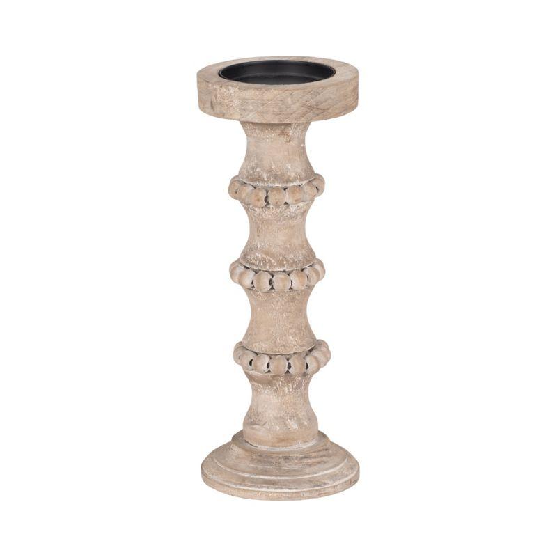 Sagebrook Home Wood Pillar Candle Holder with Decorative Beads, Antique Finish Candlestick for Home or Wedding Decor, Ivory/Beige, 5 L x 5 W x 13 H