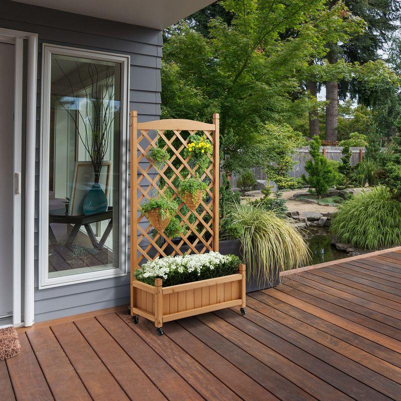 48" Natural Wood Raised Garden Bed with Trellis and Wheels