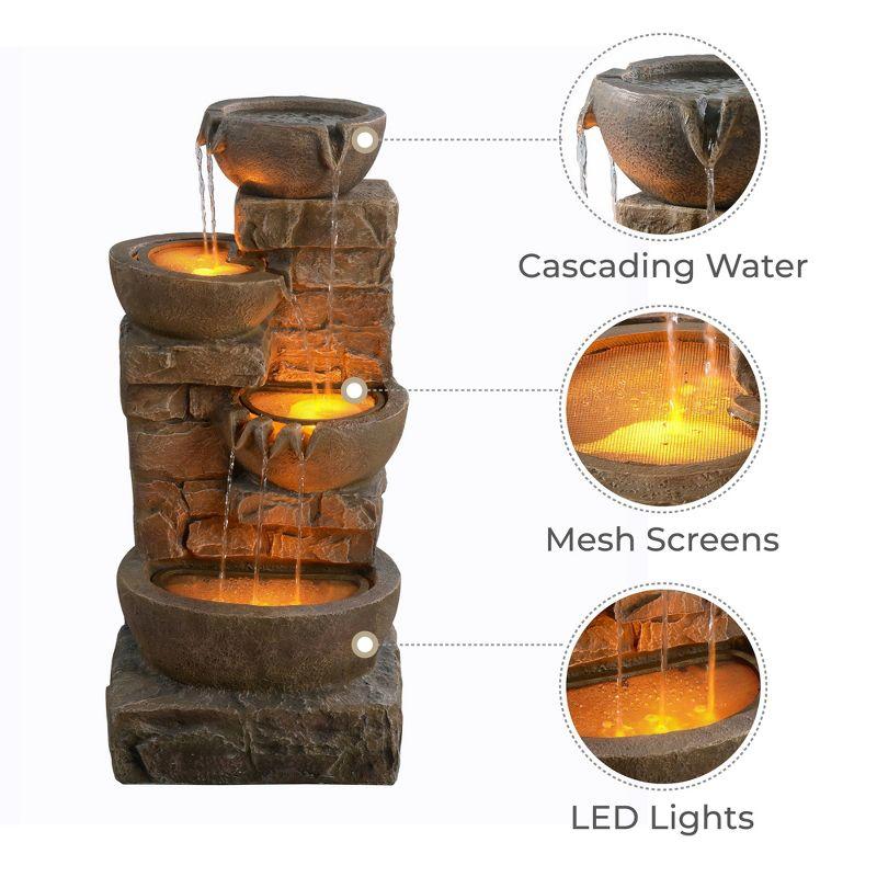 Teamson Home 33.27" Polyresin Cascading Bowls & Stacked Stones LED Fountain: Rust-Resistant, Electric Pump, Ground Freestanding