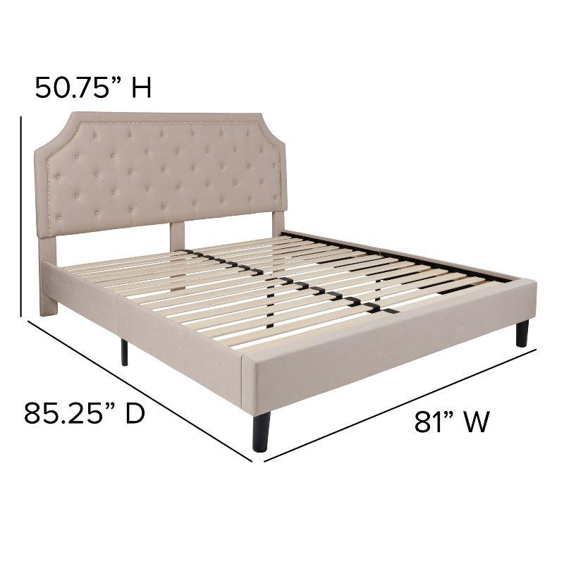 King-Size Transitional Beige Fabric Upholstered Bed with Nailhead Trim