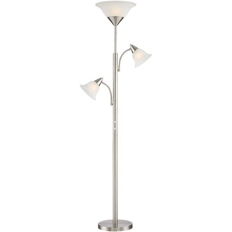 Sleek Brushed Nickel Multi-Head Torchiere Floor Lamp with Alabaster Shades