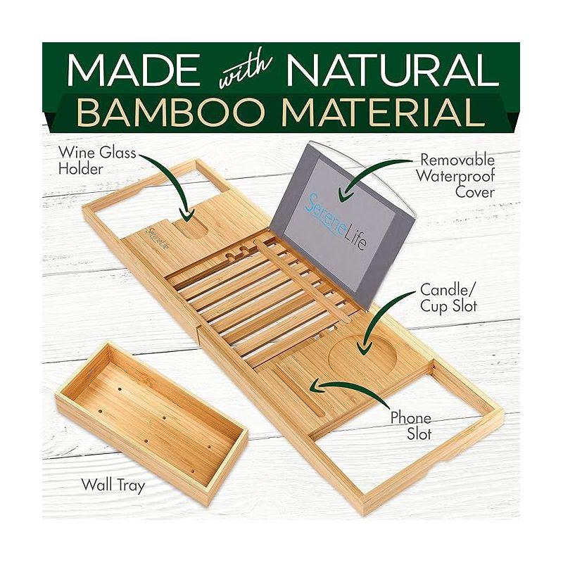 Latitude Run® Luxury Bamboo Bathtub Caddy Tray - Adjustable, Waterproof, With Wine Holder And Phone Slot For Relaxing Baths