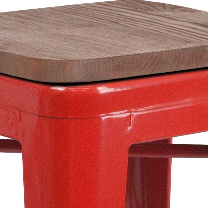 24" Red Metal & Brown Wood Backless Counter Stool