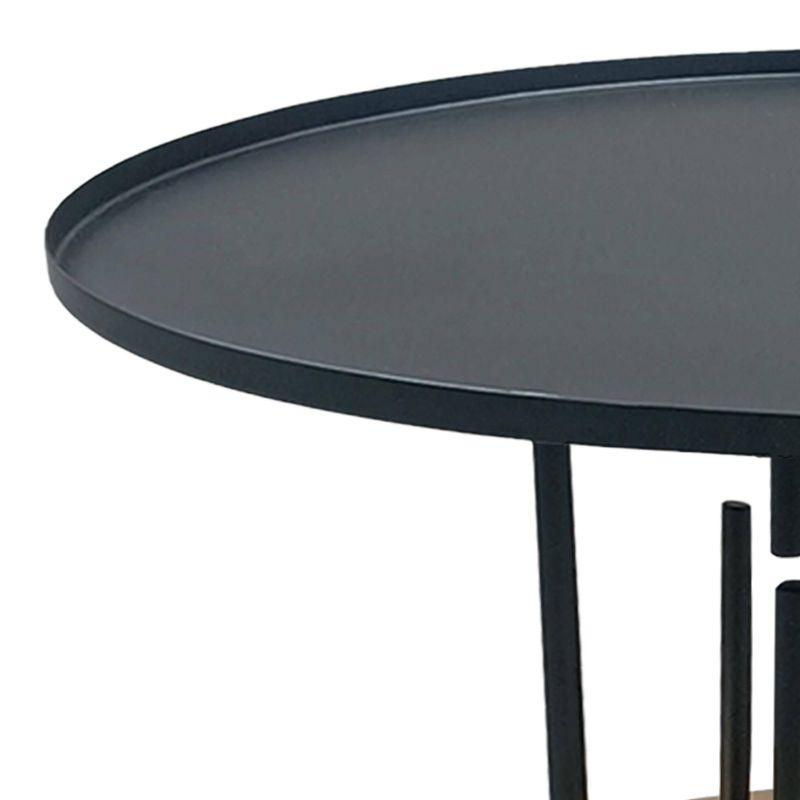 The Urban Port 31" Coffee Table Round Matte Black Tray Top Modern Rod Supports with Brass Base Black/Brass