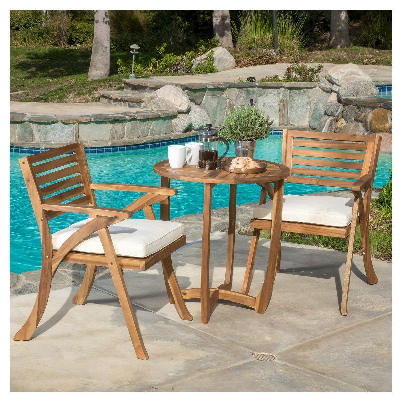 Coronado 3pc Acacia Wood Patio Bistro Set with Cushions - Teak Finish - Christopher Knight Home: Outdoor Dining Furniture with Weather-Resistant Frame