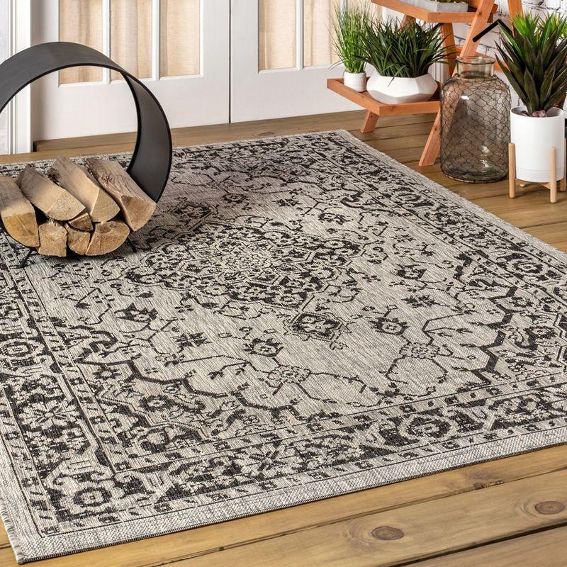4'x6' Rozetta Boho Medallion Textured Weave Indoor/Outdoor Area Rug, Gray/Black - JONATHAN Y