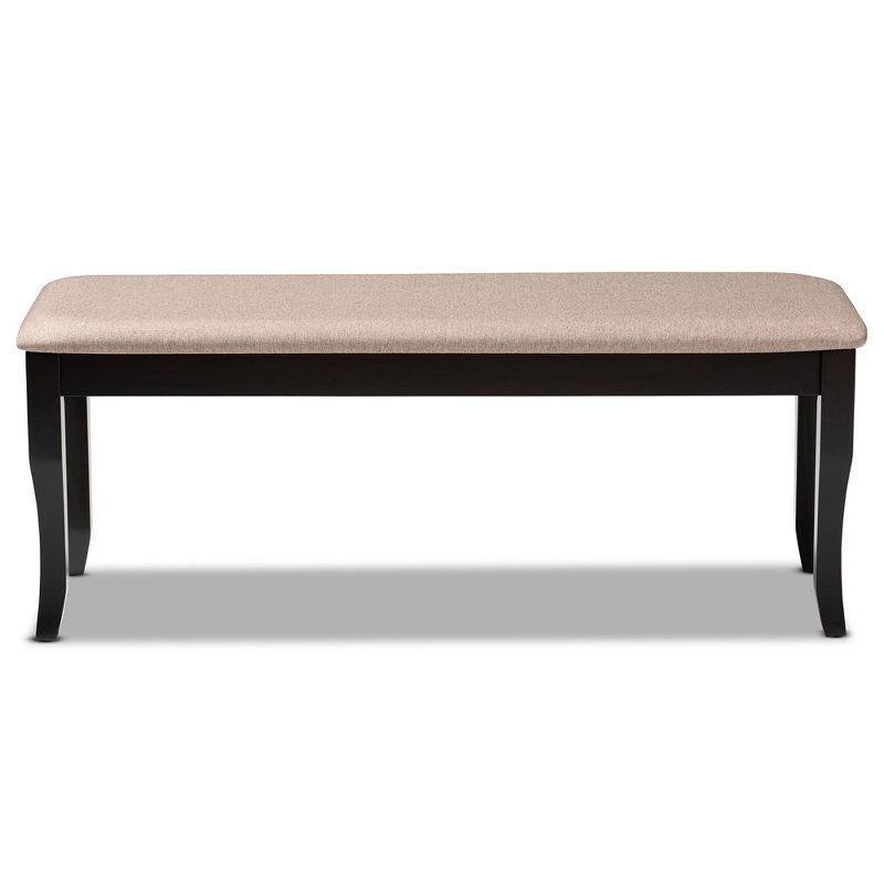 Sand Fabric Upholstered Dark Brown Wood Dining Bench