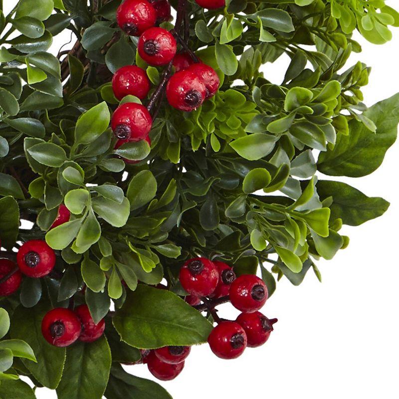 Nearly Natural Berry Boxwood Wreath 24": Faux Polyester & Plastic, Indoor Wall Decor, Unlit Winter Theme