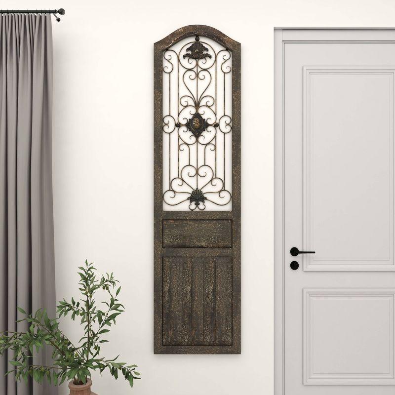 17" x 19" Wood Scroll Distressed Door Inspired Ornamental Wall Decor with Metal Wire Details Brown - Olivia & May