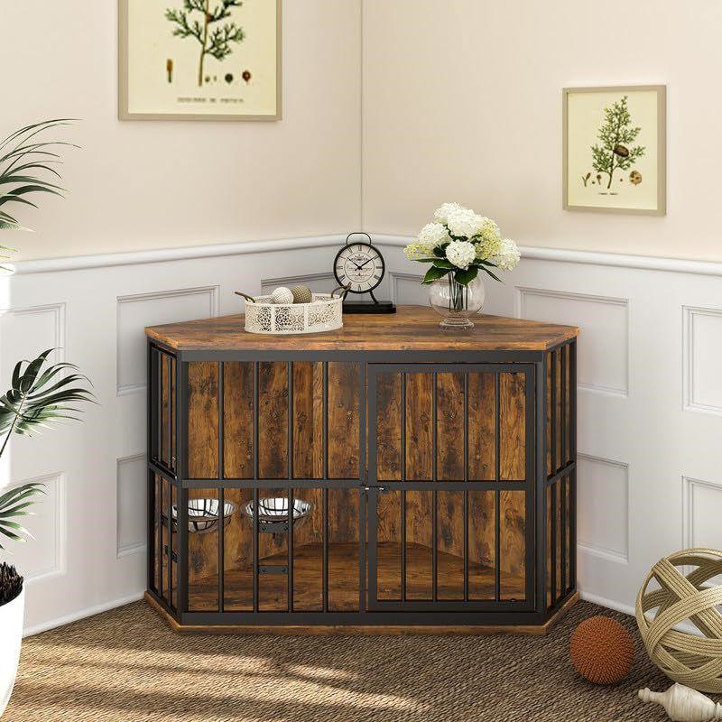 Brown Corner Wooden Dog Crate with Metal Frame and Bowls