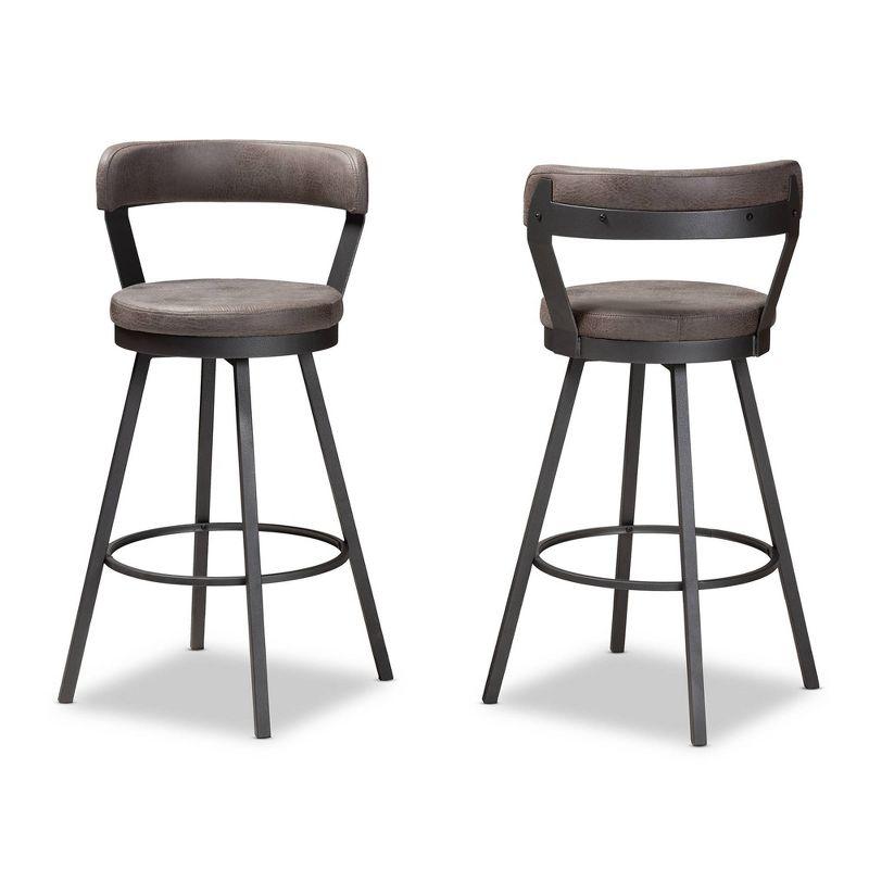 Baxton Studio Set of 2 Arcene Antique Faux Leather Swivel Barstools Gray/Black: Upholstered, Curved Back, Metal Frame