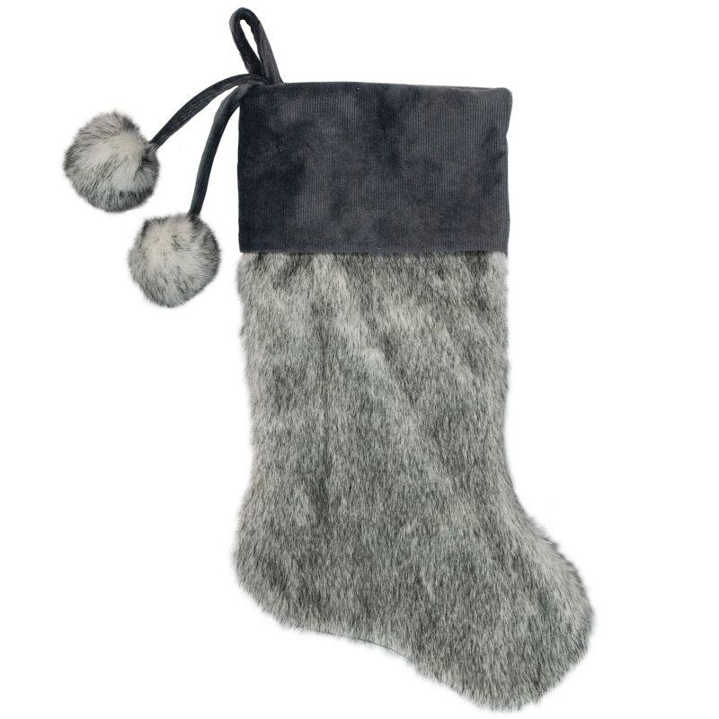 Gray Faux Fur Christmas Stocking with Corduroy Cuff and Pom Poms