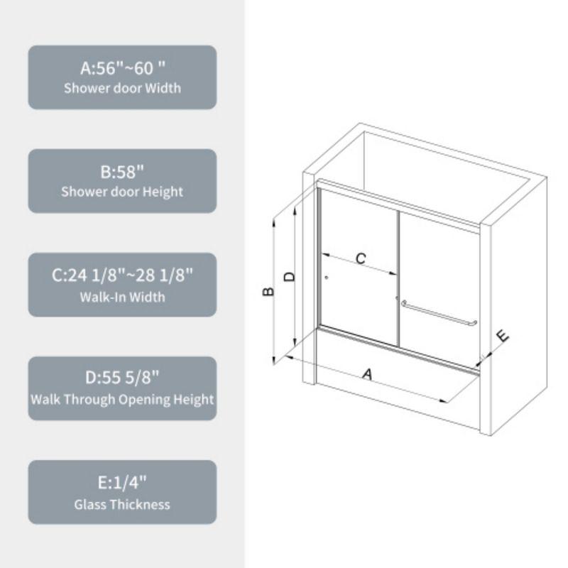 Bathtub Bypass Shower Door, Sliding Door, With 1/4" Tempered Glass