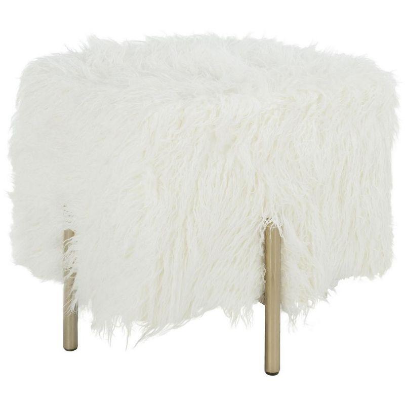 Momina Faux Fur Square Ottoman - White/Brass - Safavieh