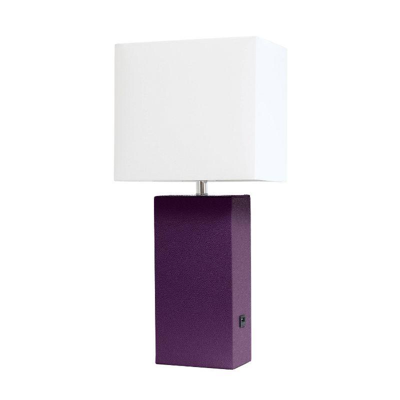 Modern Leather Table Lamp with USB and Fabric Shade Eggplant - Elegant Designs: No Assembly, UL Listed