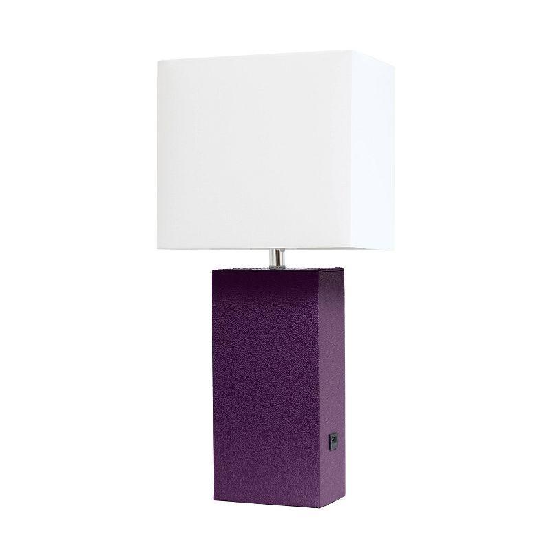 Eggplant Leather Nightstand Lamp with White Fabric Shade and USB Port