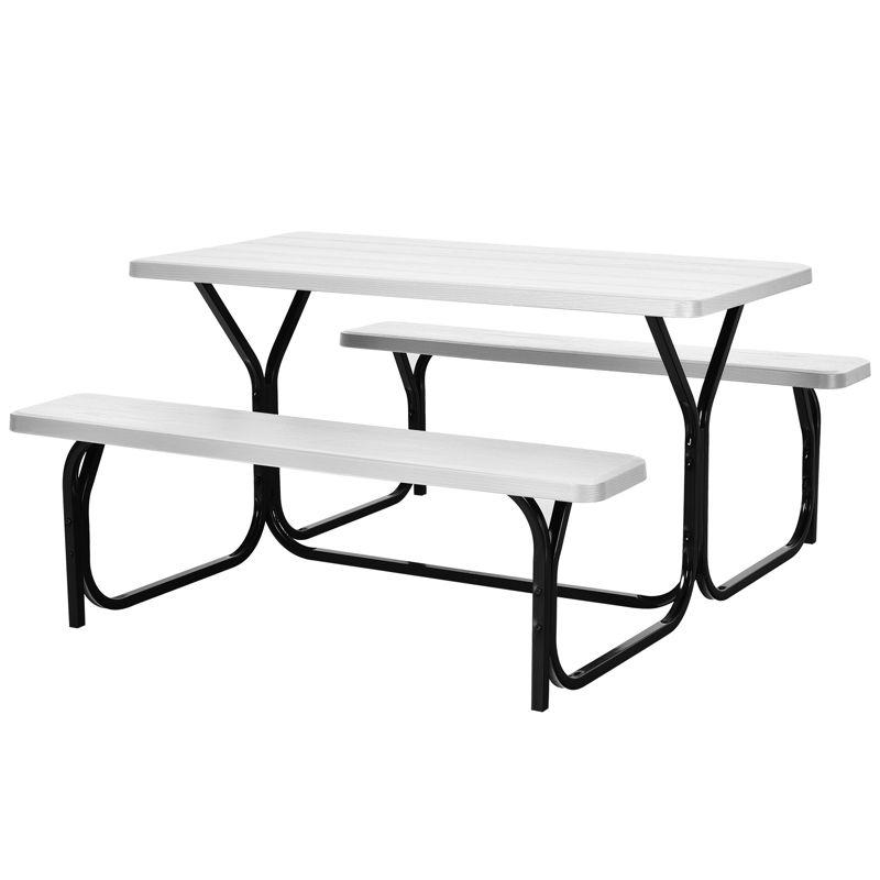 Tangkula Outdoor Picnic Table Bench Set Patio Camping Table w/Steel Frame & Wood Texture Tabletop for Garden White