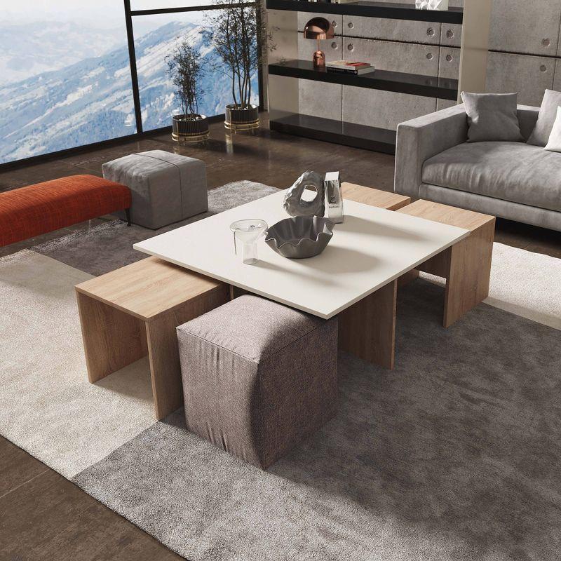 Haley Natural and Beige Nested Coffee Table with Ottoman Set