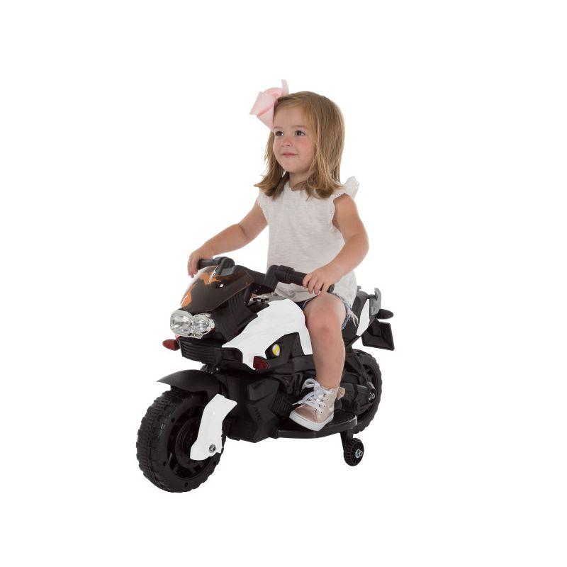 Toy Time Kids Motorcycle - Electric Ride-On with Training Wheels and Reverse Function - White and Black