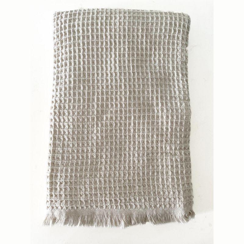 Beige Cotton Waffle Throw Blanket with Fringe