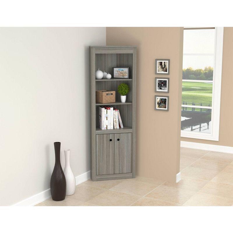 70.02" Corner Bookshelf Gray - Inval: Modern Smoke Oak, 3 Shelves, Double Door Storage