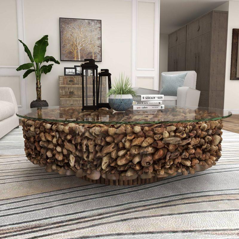 Handcrafted Driftwood Round Coffee Table with Glass Top, 48" Brown