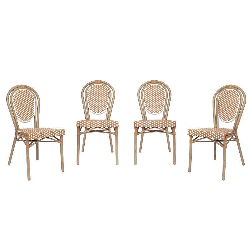 Flash Furniture 4 PK Lourdes Indoor/Outdoor Commercial Thonet Bistro Stack Chair, Natural/White PE Rattan & Bamboo Print Aluminum Frame in Light Nat