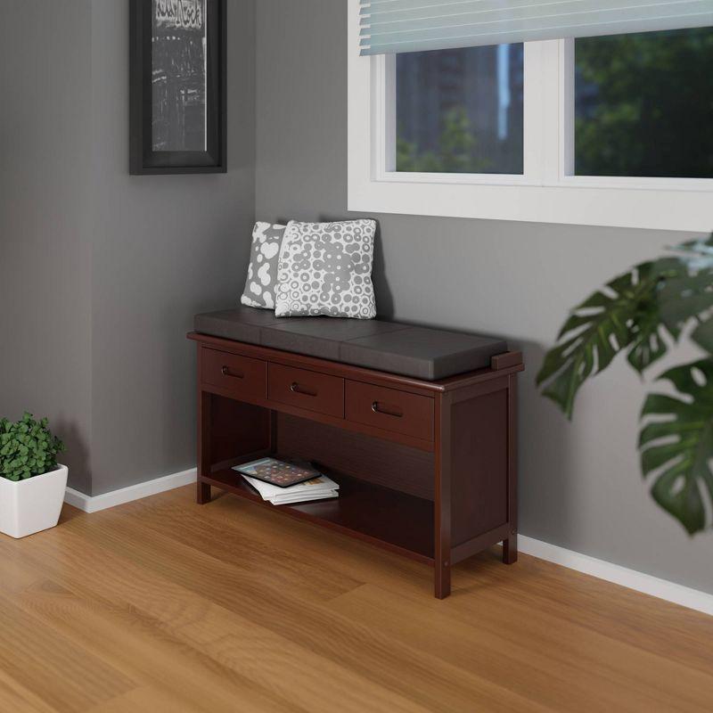 Transitional Walnut Storage Bench with Espresso Faux Leather Cushion