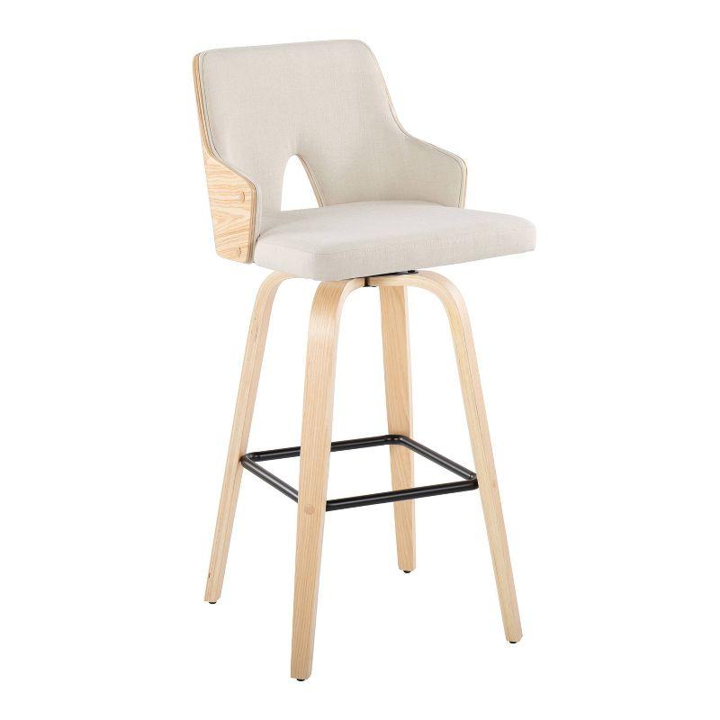 Set of 2 Cream and Natural Wood Swivel Barstools with Black Metal Footrest