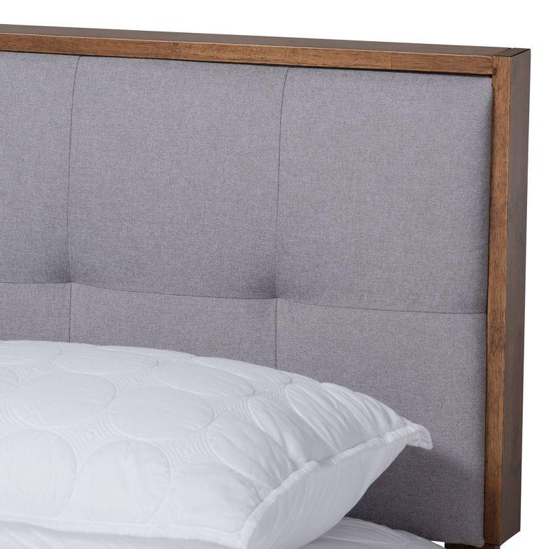 Elegant King-Sized Walnut Wood Frame Bed with Light Grey Upholstered Tufted Headboard