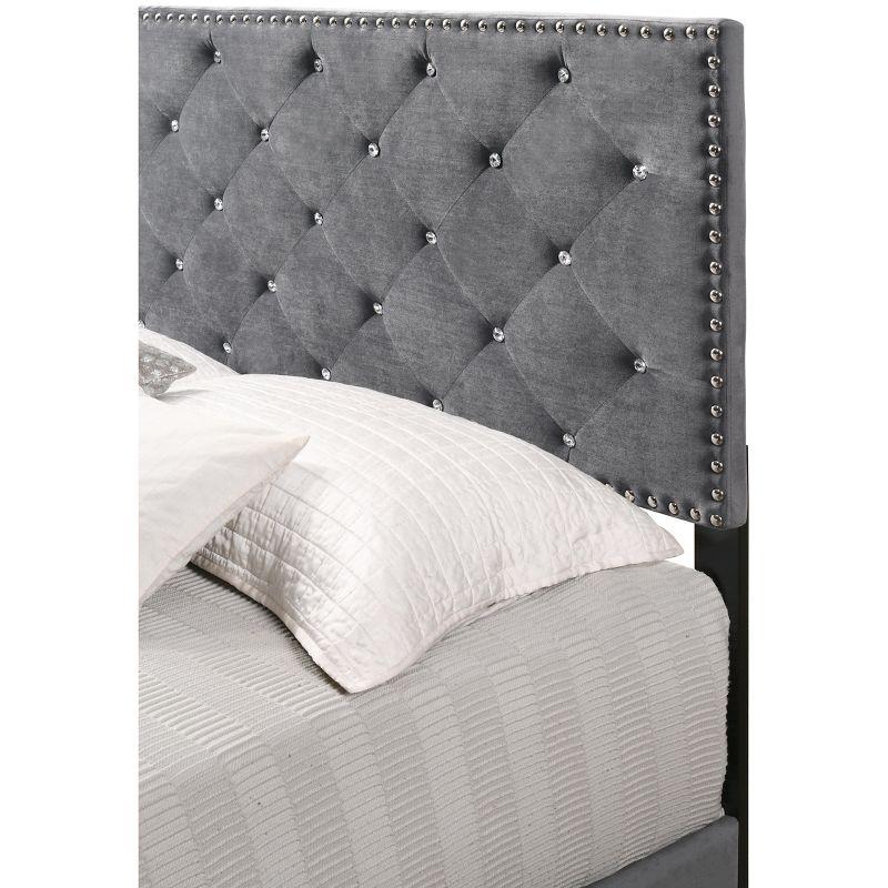 Suffolk Gray Velvet Queen Bed with Jeweled Tufting and Nailhead Trim