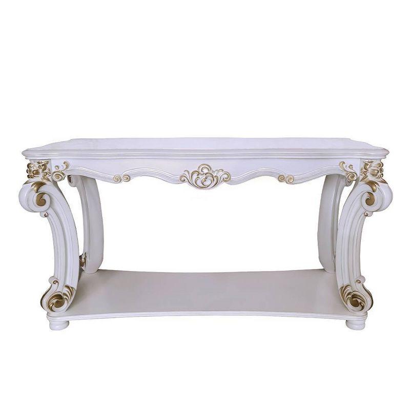 58" Vendome Accent Table Antique Pearl Finish - Acme Furniture: Scrolled Legs, Open Shelf