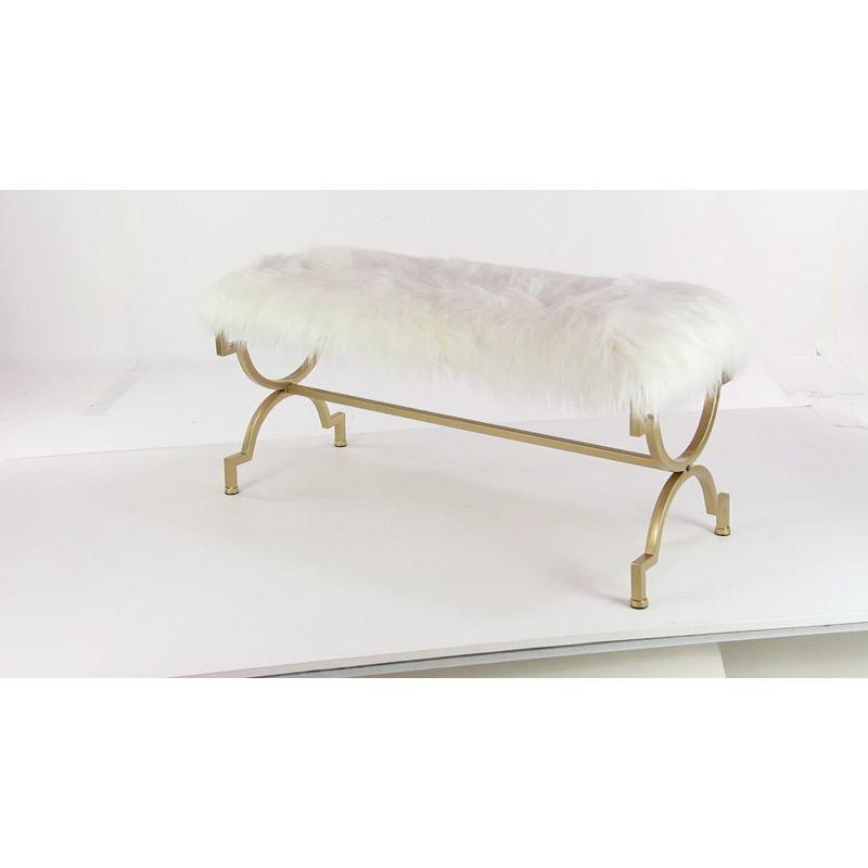 Chic Gold Metal 42" Entryway Bench with White Faux Fur Cushion