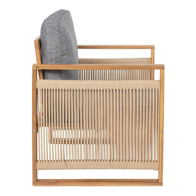 Gable Mid-Century Modern Roped Acacia Wood Outdoor Patio Chair with Cushions, Gray/Teak Brown (Set of 2) - JONATHAN Y
