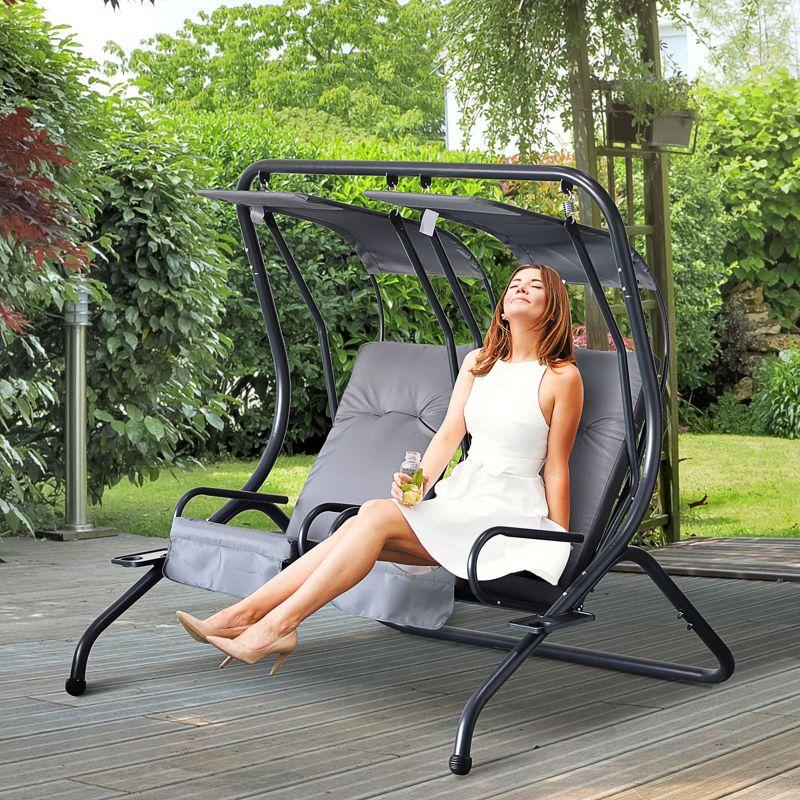 Outsunny Modern 2-Seater Outdoor Patio Swing Chair, Porch Seats with Cup Holder and Removeable Canopy, gray