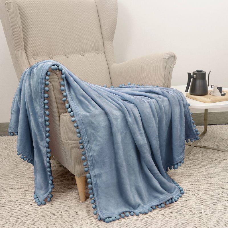 Cozy Dusty Blue Fleece Twin Throw with Pom Pom Fringe