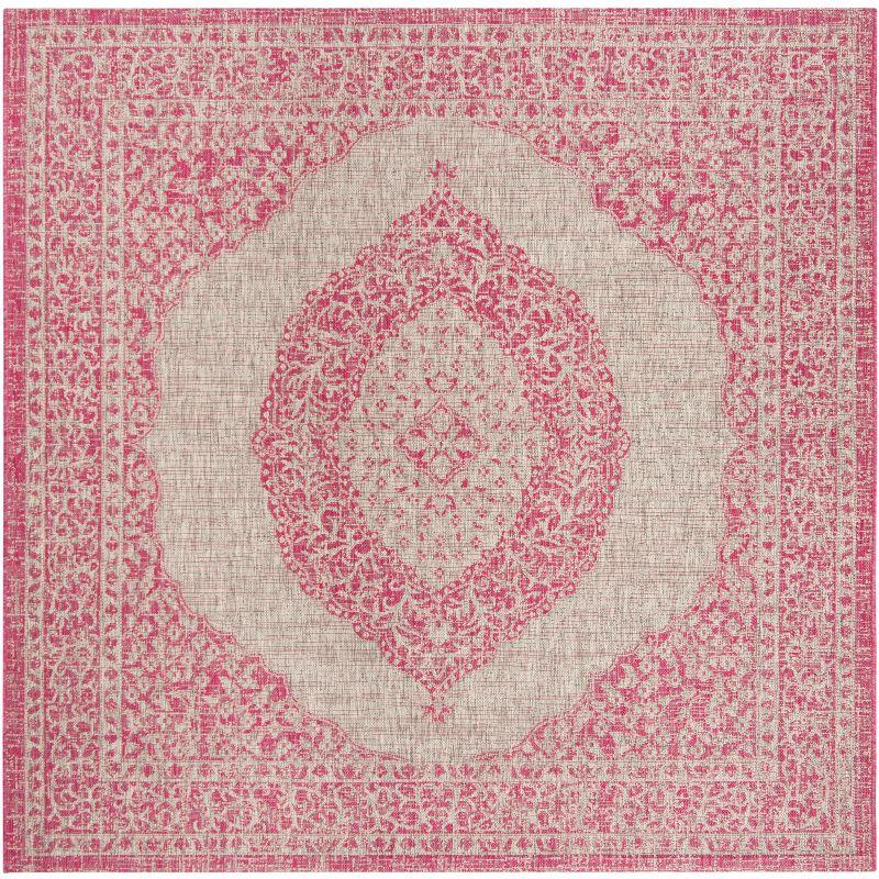 Courtyard CY8751 Power Loomed Indoor and Outdoor Area Rug - Light Grey/Fuchsia - 5'3"x5'3" - Safavieh