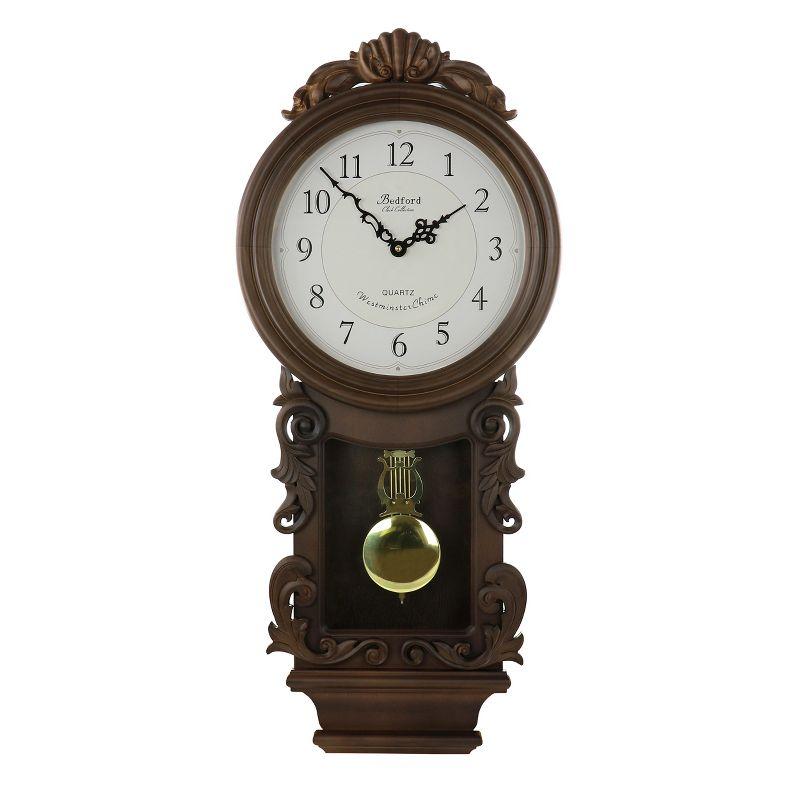 Chestnut Carved Wood Chiming Pendulum Wall Clock