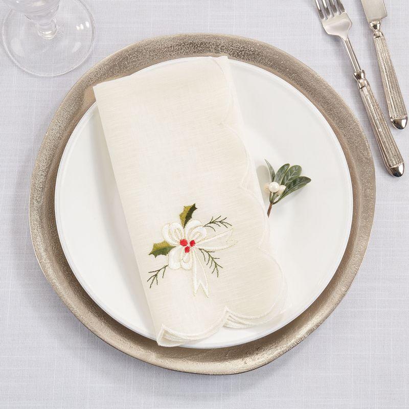 White Embroidered Holly and Ribbon Table Napkins Set