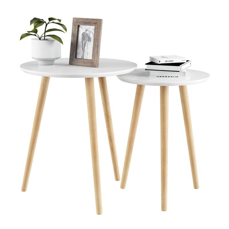 Hastings Home Nesting End Tables - Mid-Century Modern Wood Accent Table With Circular Top - Set of 2, White/Natural