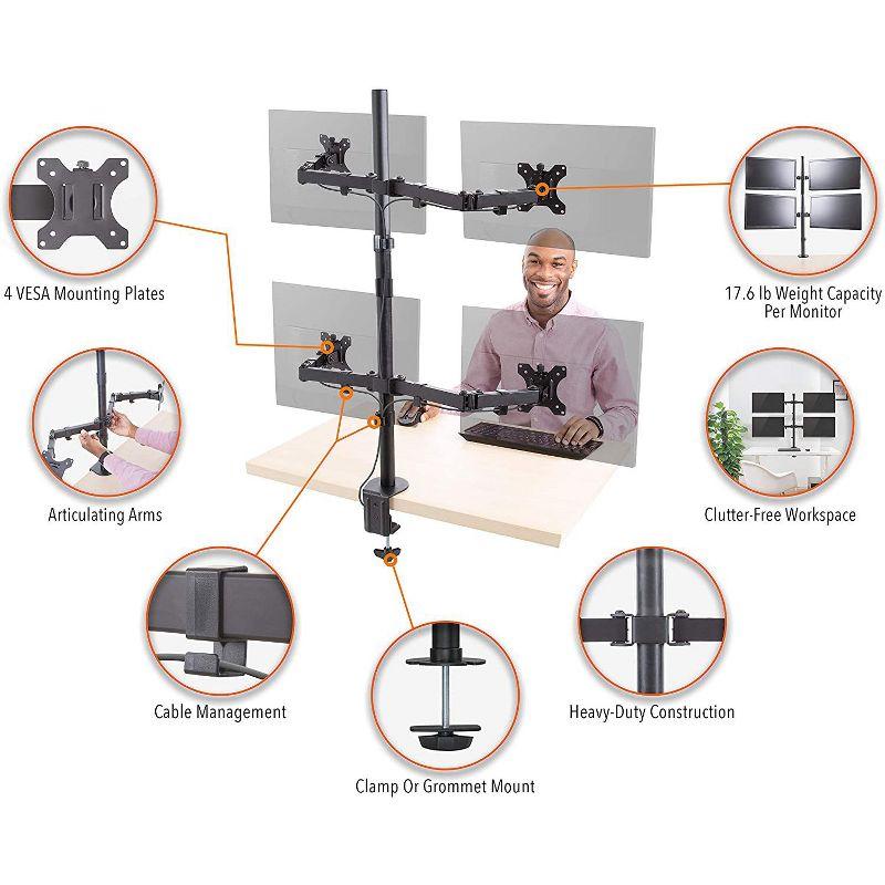 Quadruple Monitor Mount – Clamp-On Monitor Arm with 4 Adjustable VESA Mounts – Black – Stand Steady