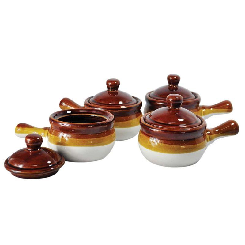 Brown and Cream Ceramic Onion Soup Bowls with Lids, Set of 4