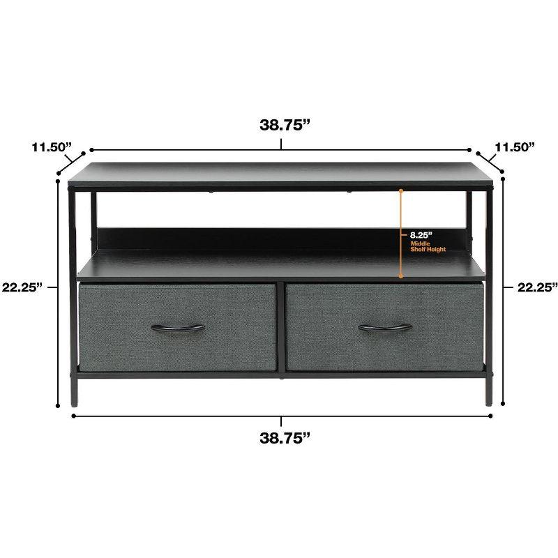 Compact Black Steel Frame TV Stand with Foldable Fabric Drawers