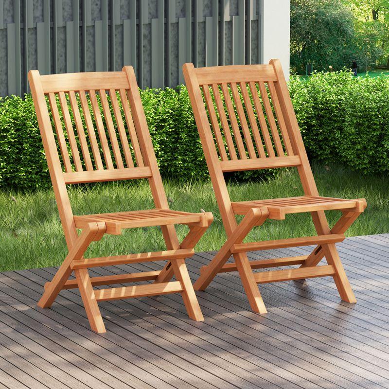 Costway 2 PCS Patio Folding Chair Indonesia Teak High Back Dining Slatted Seat Portable Outdoor