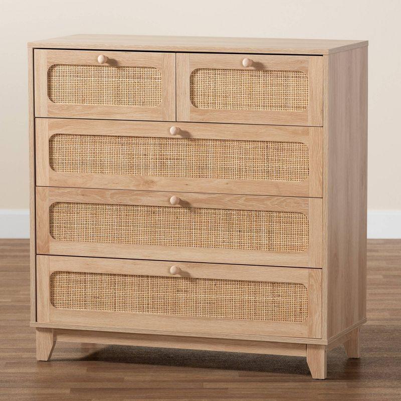 Elsbeth Wood and Natural Rattan 5 Drawer Storage Cabinet Oak Brown/Natural Brown - Baxton Studio